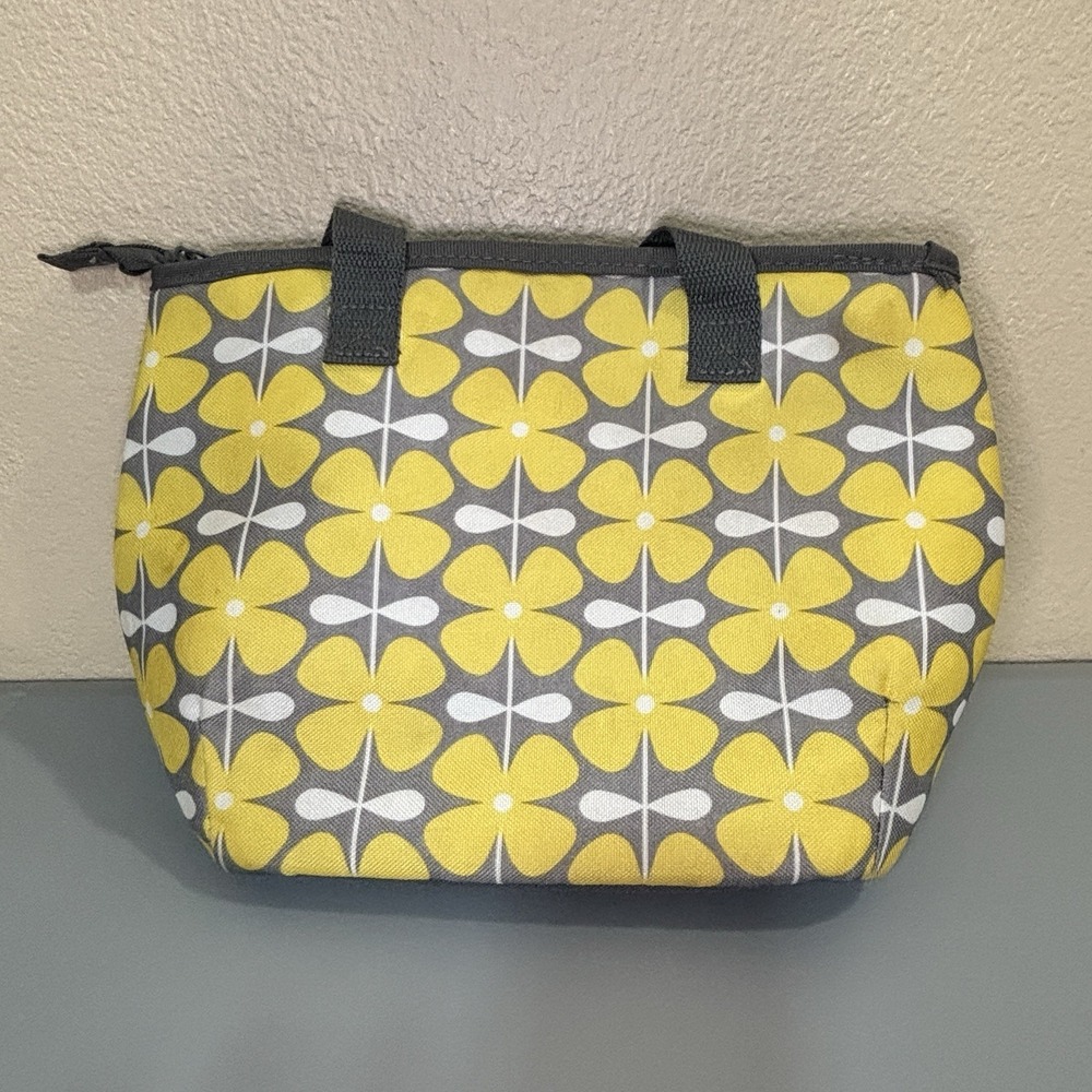 Fit Fresh Insulated Thermal Insulated Lunch‎ Tote Bag Yellow Floral Gray Pocket